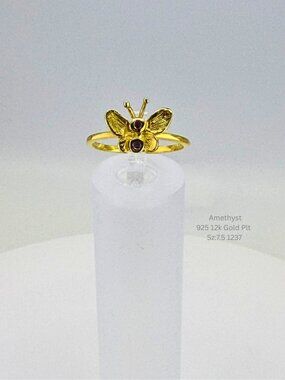 Natural Amethyst Butterfly Ring 925 Sterling Silver 12K Gold Plated Size 7.5